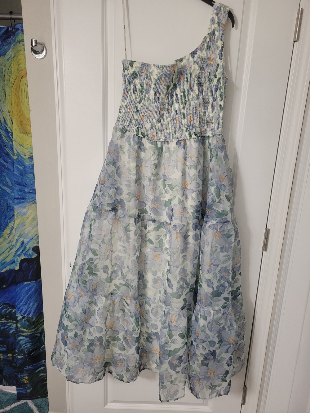 ARULA Light Blue and Green One-Shoulder Floral Tiered Dress